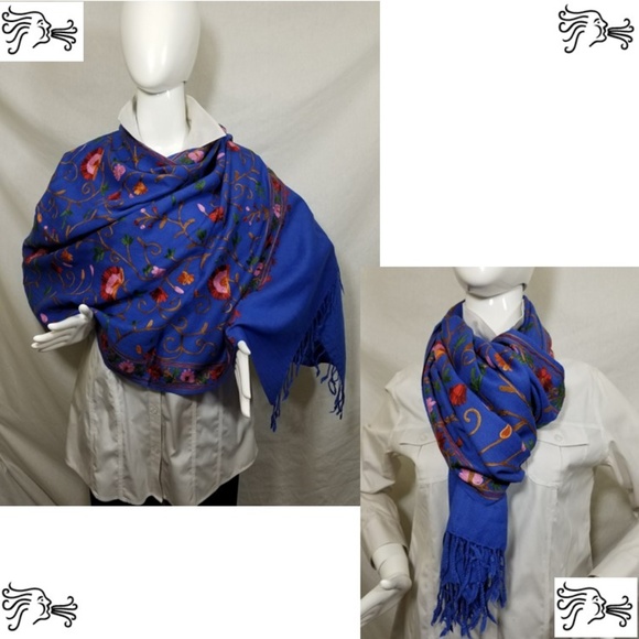Royal Blue Embroidered Kashmir 100% Wool Scarf